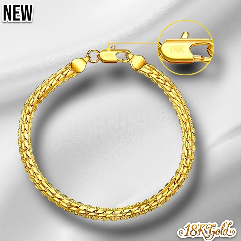 New 18K Gold 8 Inch 5MM Flat Chain Bracelet Unisex